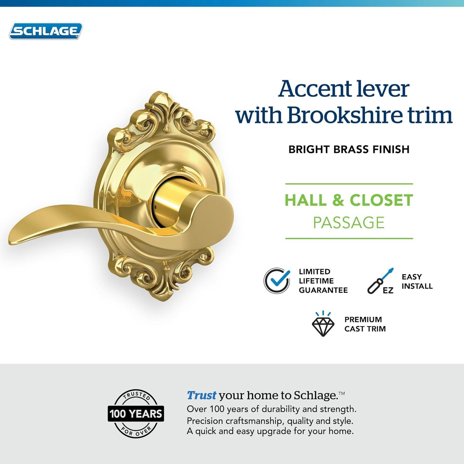 image:imageSCHLAGE Accent Lever with Brookshire Trim Hall and Closet Lock in Bright Brass