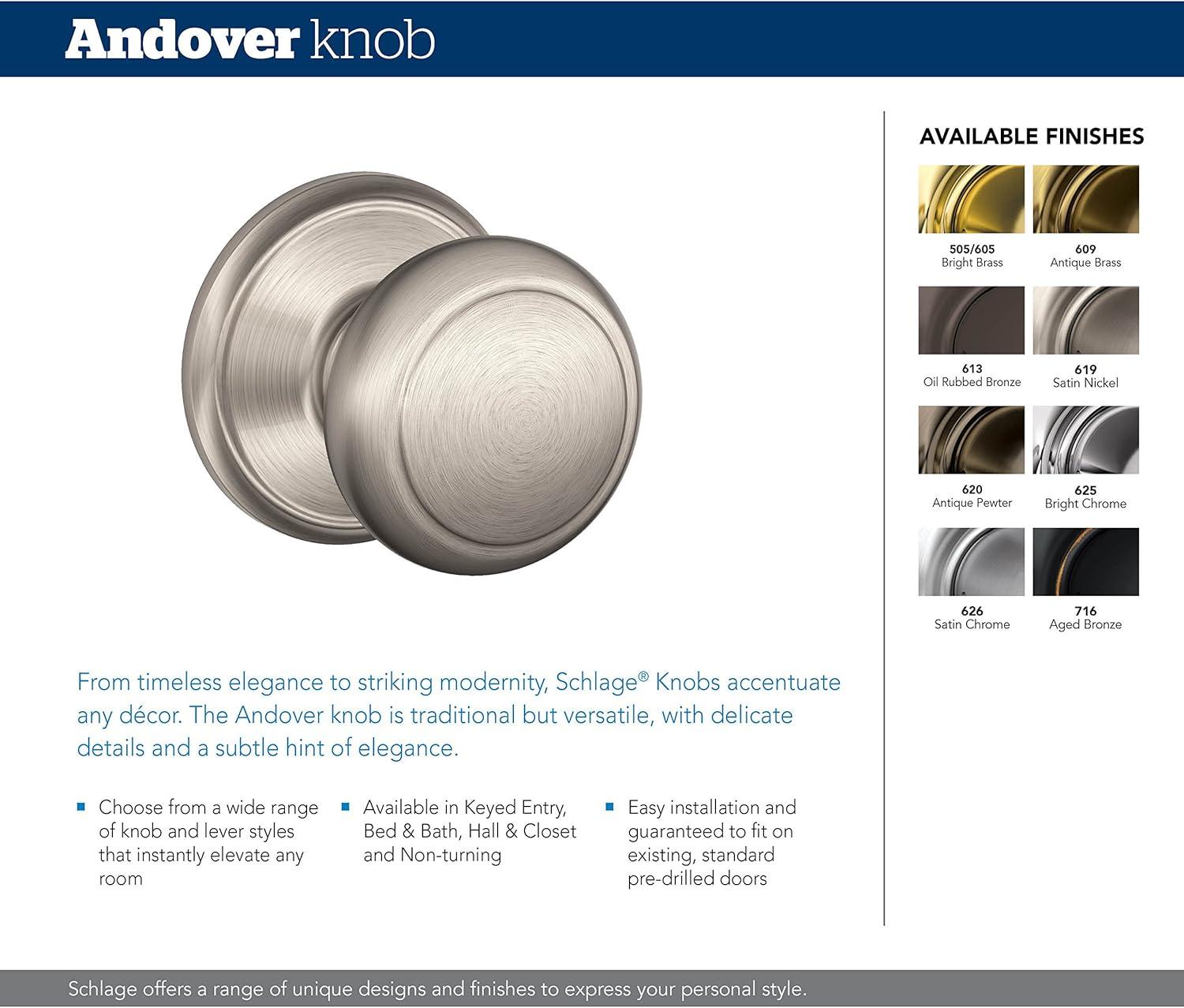 image:imageSCHLAGE Andover Passage Knob Andover Rose Satin Nickel 28 x 28 x 24 inches FA10AND619F10AND619ANDSatin Nickel