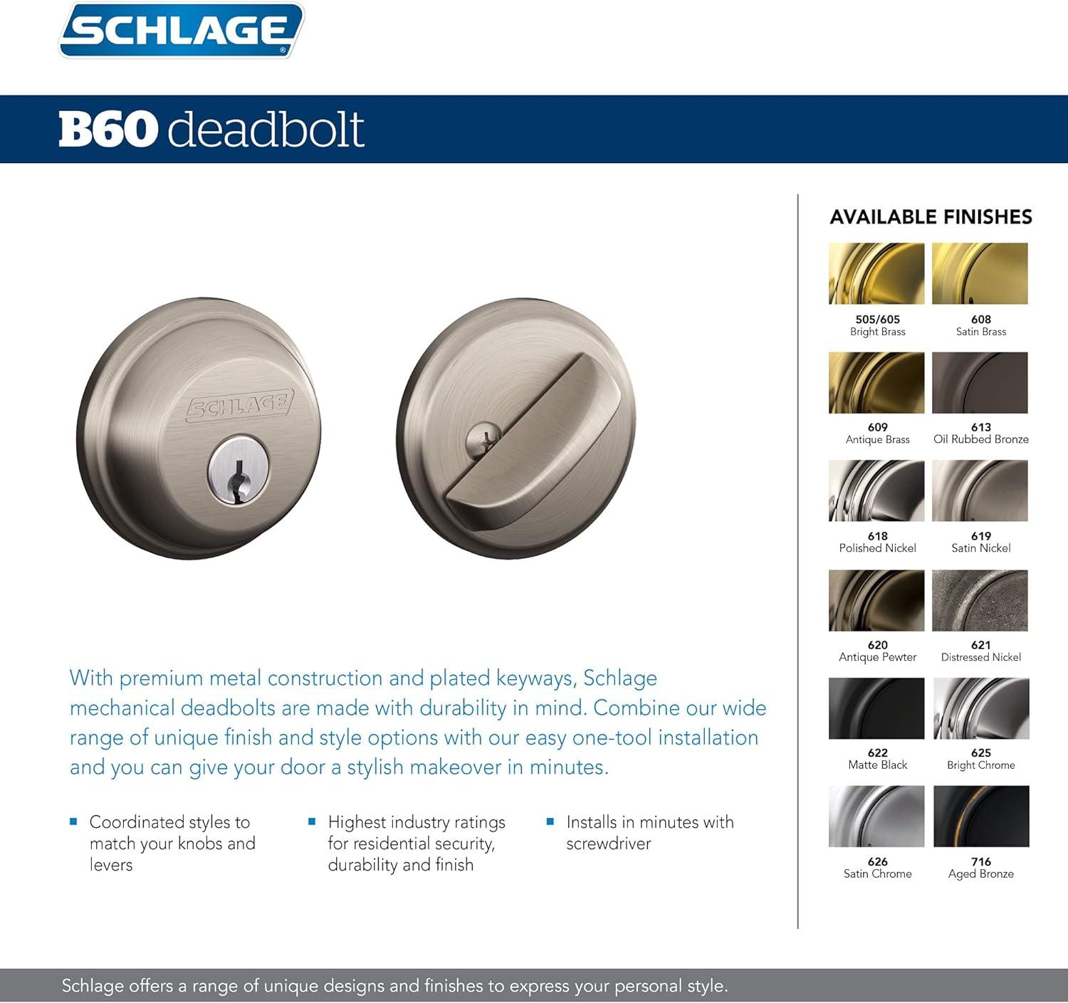image:imageSCHLAGE B62N622 Deadbolt Keyed 2 Sides Matte BlackSatin Chrome