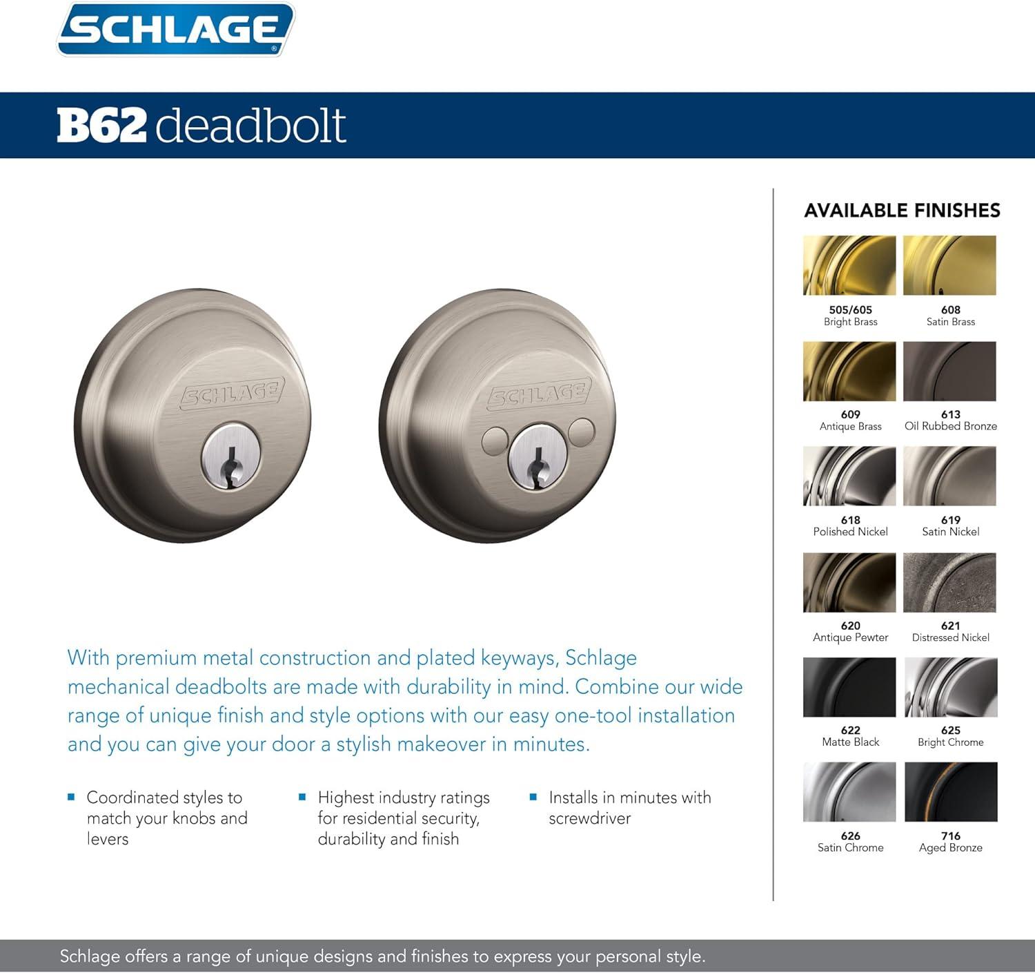 image:imageSCHLAGE B62N622 Deadbolt Keyed 2 Sides Matte BlackSatin Chrome
