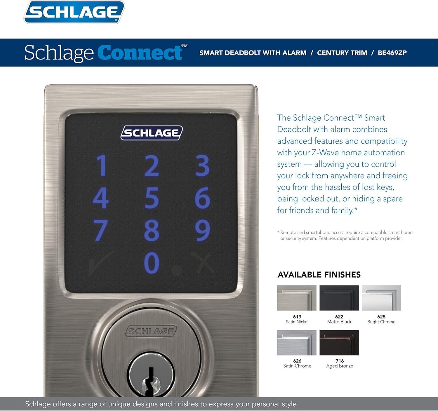 image:imageSCHLAGE BE469ZP CAM 619 Connect Smart Deadbolt with alarm with Camelot Trim in Satin Nickel ZWave Plus enabledAged Bronze