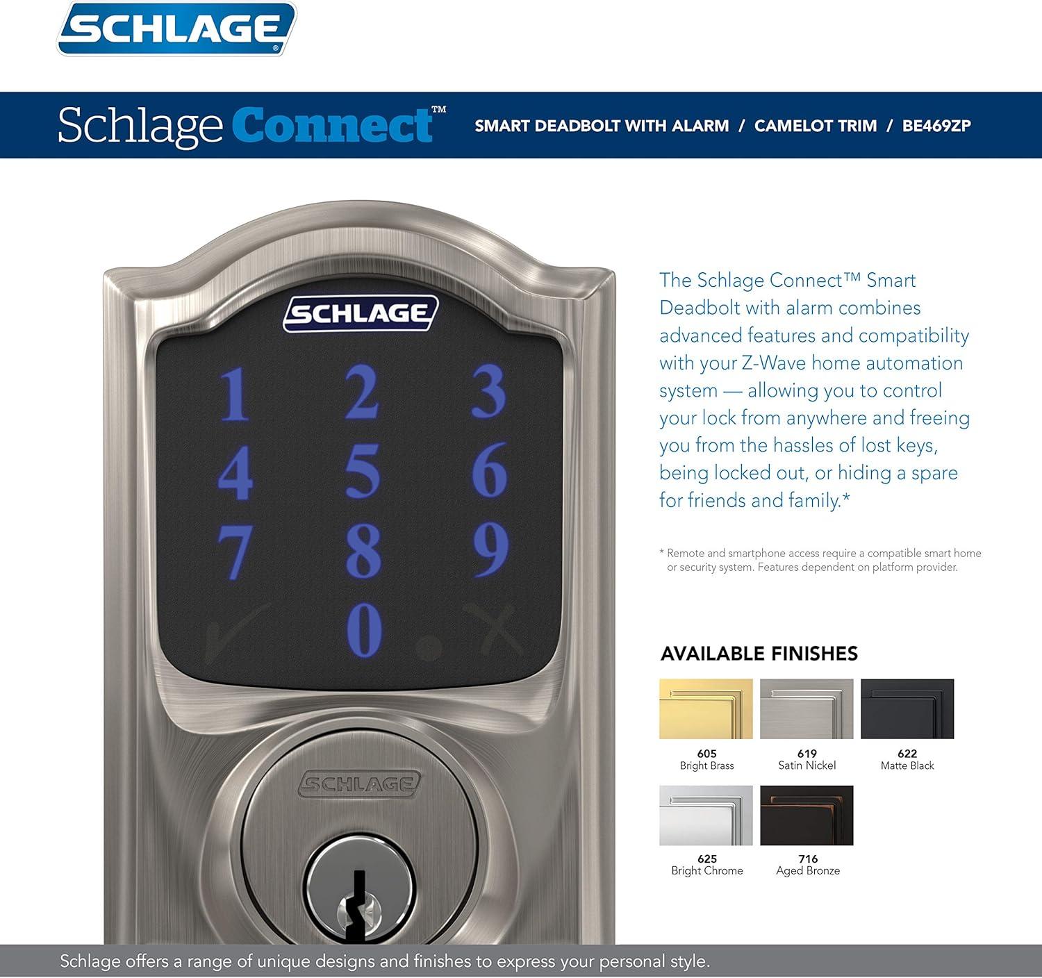 image:imageSCHLAGE BE469ZP CAM 619 Connect Smart Deadbolt with alarm with Camelot Trim in Satin Nickel ZWave Plus enabledBright Brass