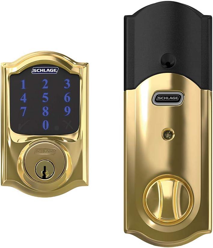 image:imageSCHLAGE BE469ZP CAM 619 Connect Smart Deadbolt with alarm with Camelot Trim in Satin Nickel ZWave Plus enabledBright Brass