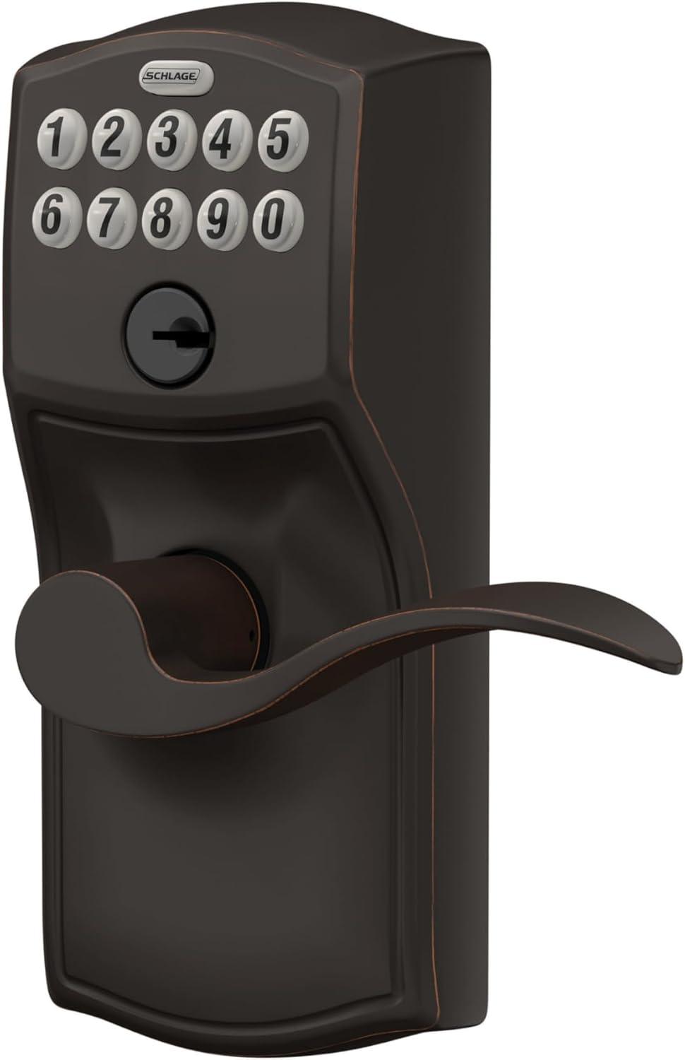 image:imageSCHLAGE FE595 CAM 619 ACC Camelot Keypad Entry with FlexLock and Accent Levers Satin NickelAged Bronze