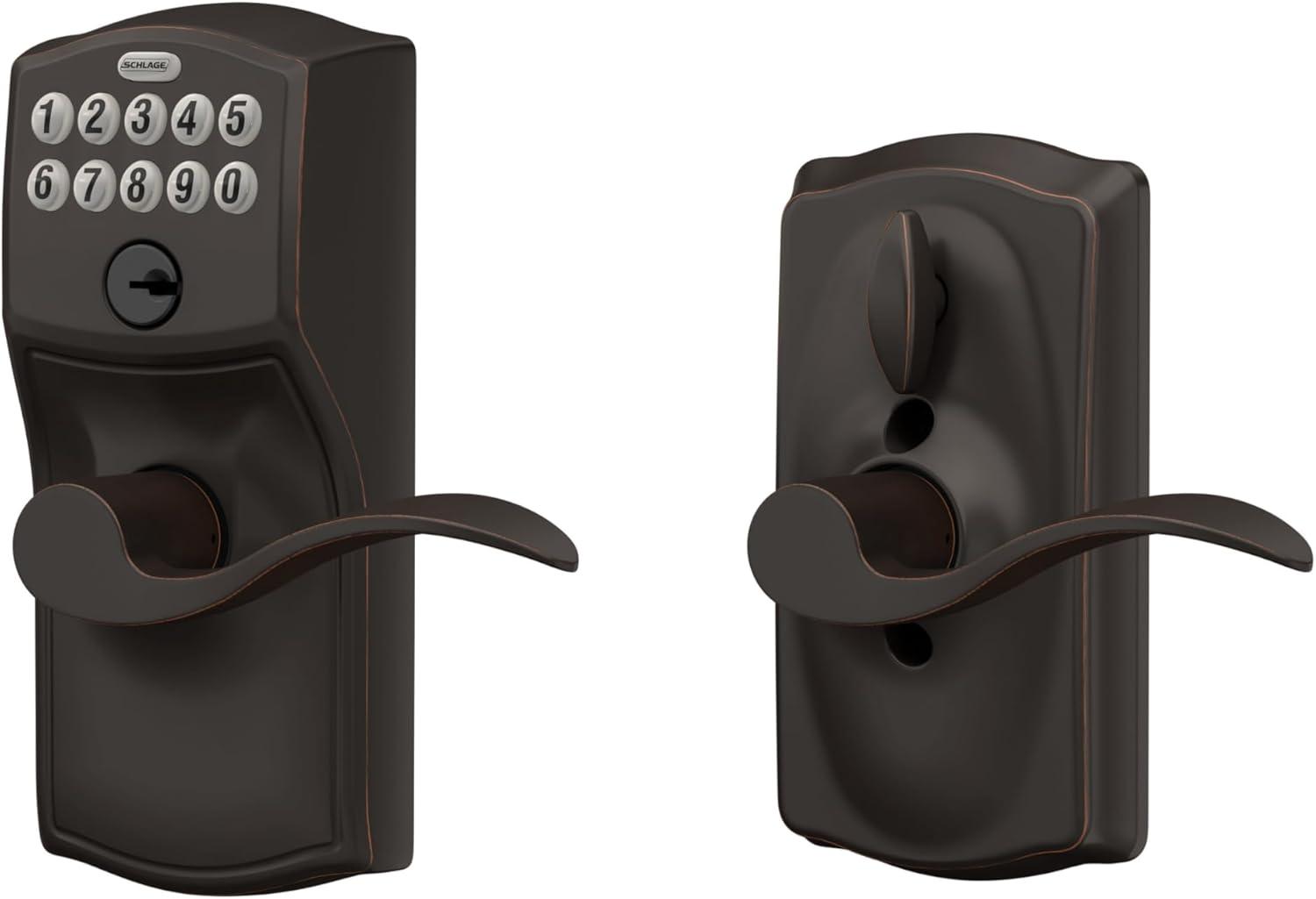 image:imageSCHLAGE FE595 CAM 619 ACC Camelot Keypad Entry with FlexLock and Accent Levers Satin NickelAged Bronze