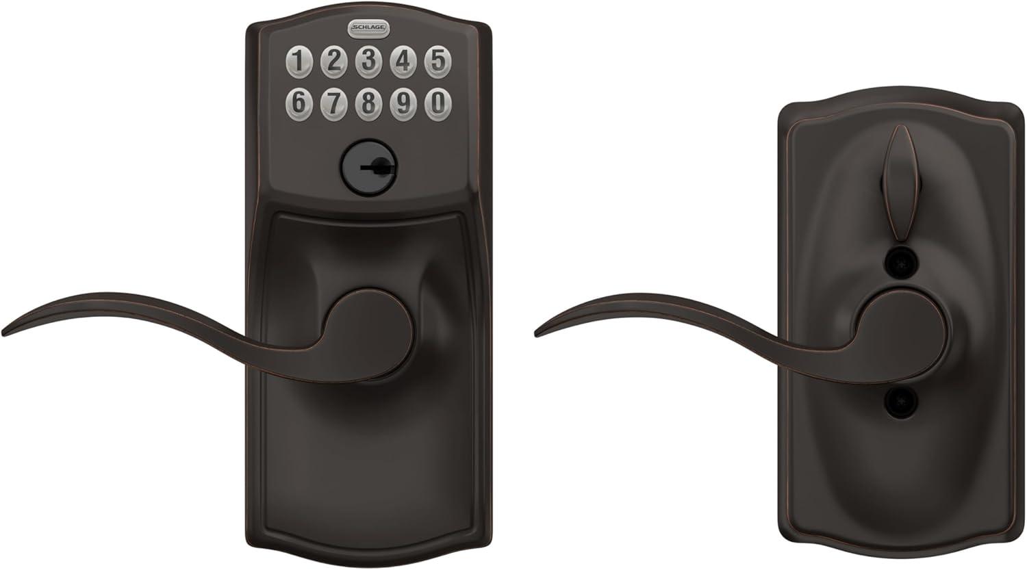 image:imageSCHLAGE FE595 CAM 619 ACC Camelot Keypad Entry with FlexLock and Accent Levers Satin NickelAged Bronze