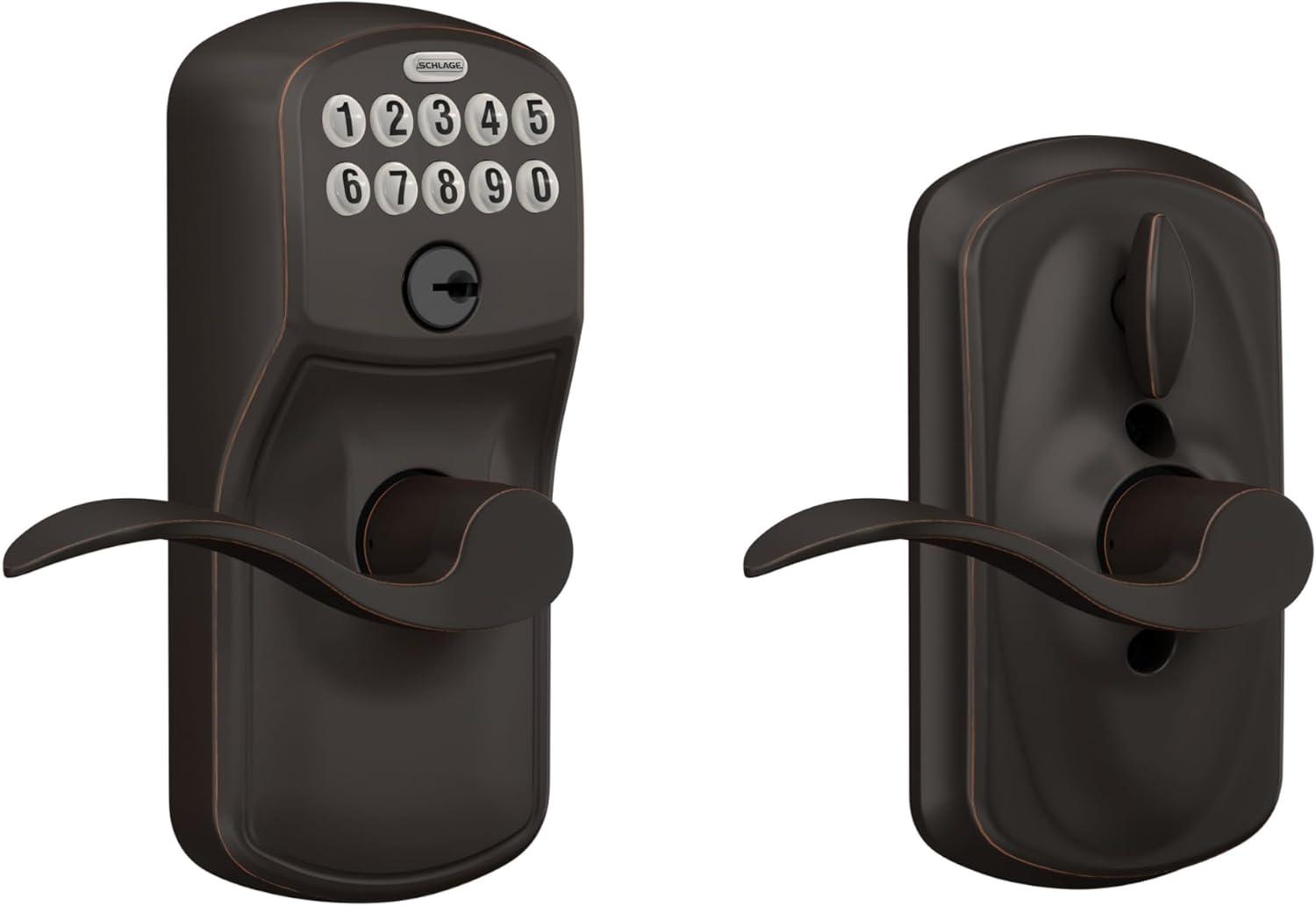 image:imageSCHLAGE FE595 CAM 619 ACC Camelot Keypad Entry with FlexLock and Accent Levers Satin NickelAged Bronze