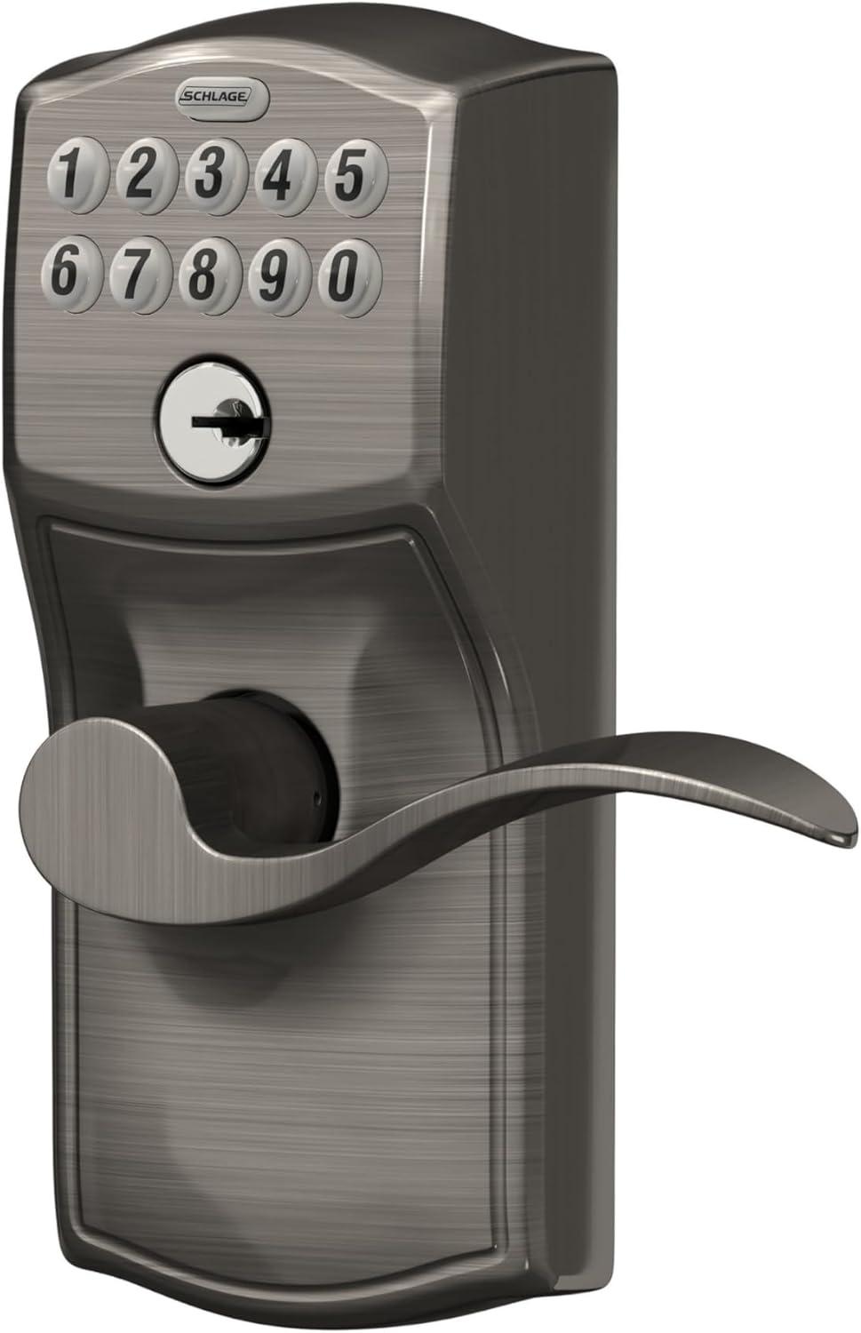 image:imageSCHLAGE FE595 CAM 619 ACC Camelot Keypad Entry with FlexLock and Accent Levers Satin NickelAntique Pewter