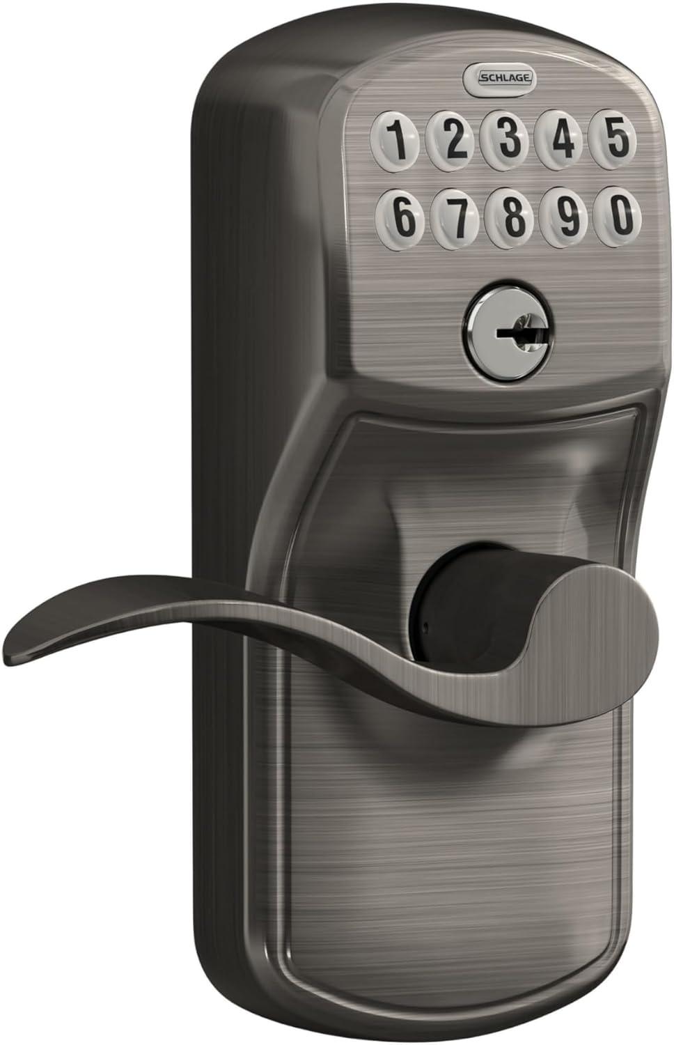 image:imageSCHLAGE FE595 CAM 619 ACC Camelot Keypad Entry with FlexLock and Accent Levers Satin NickelAntique Pewter