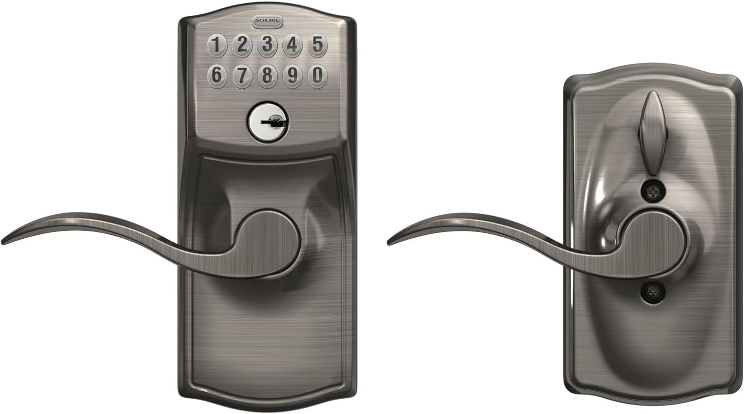 image:imageSCHLAGE FE595 CAM 619 ACC Camelot Keypad Entry with FlexLock and Accent Levers Satin NickelAntique Pewter