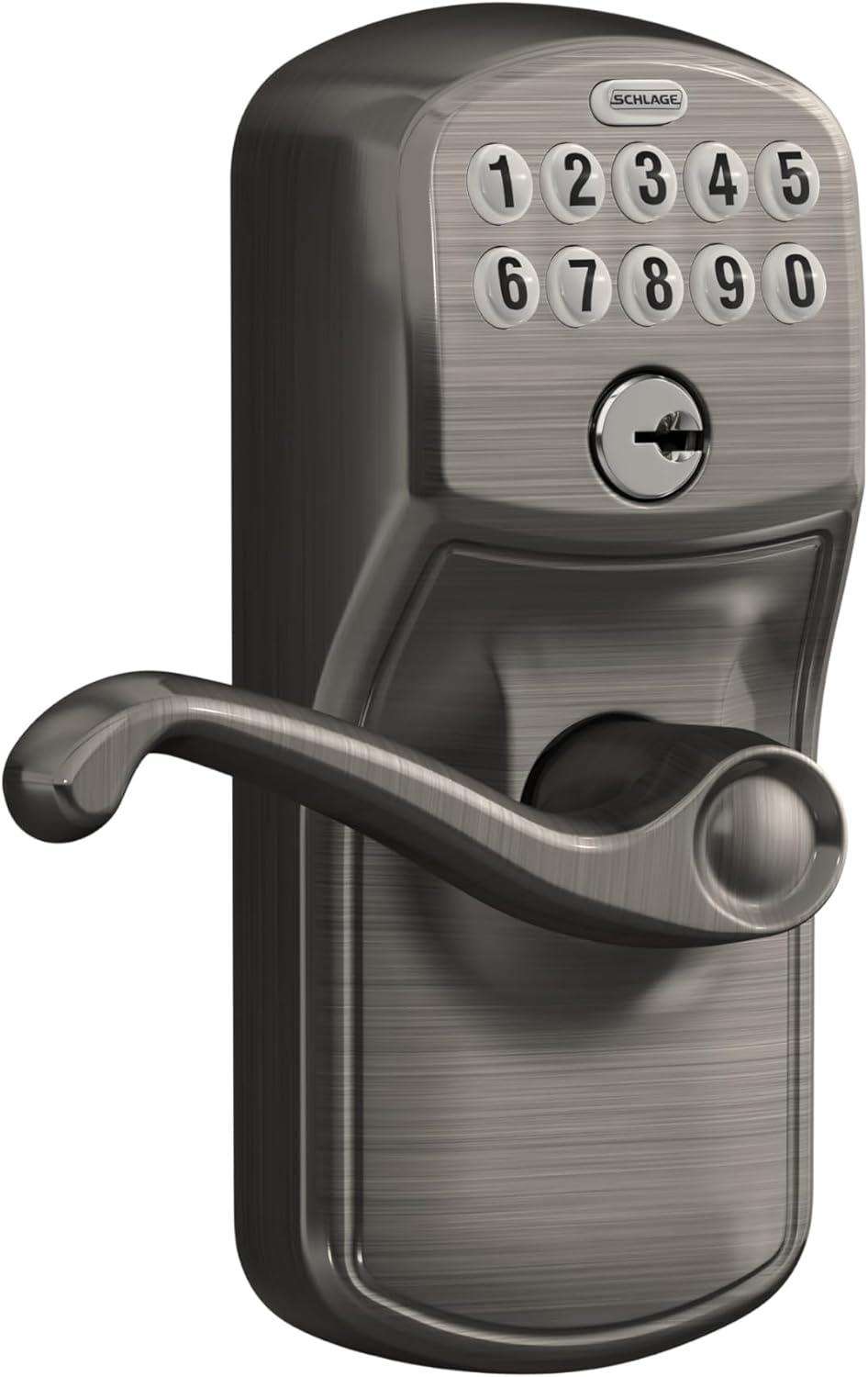 image:imageSCHLAGE FE595 CAM 619 ACC Camelot Keypad Entry with FlexLock and Accent Levers Satin NickelAntique Pewter