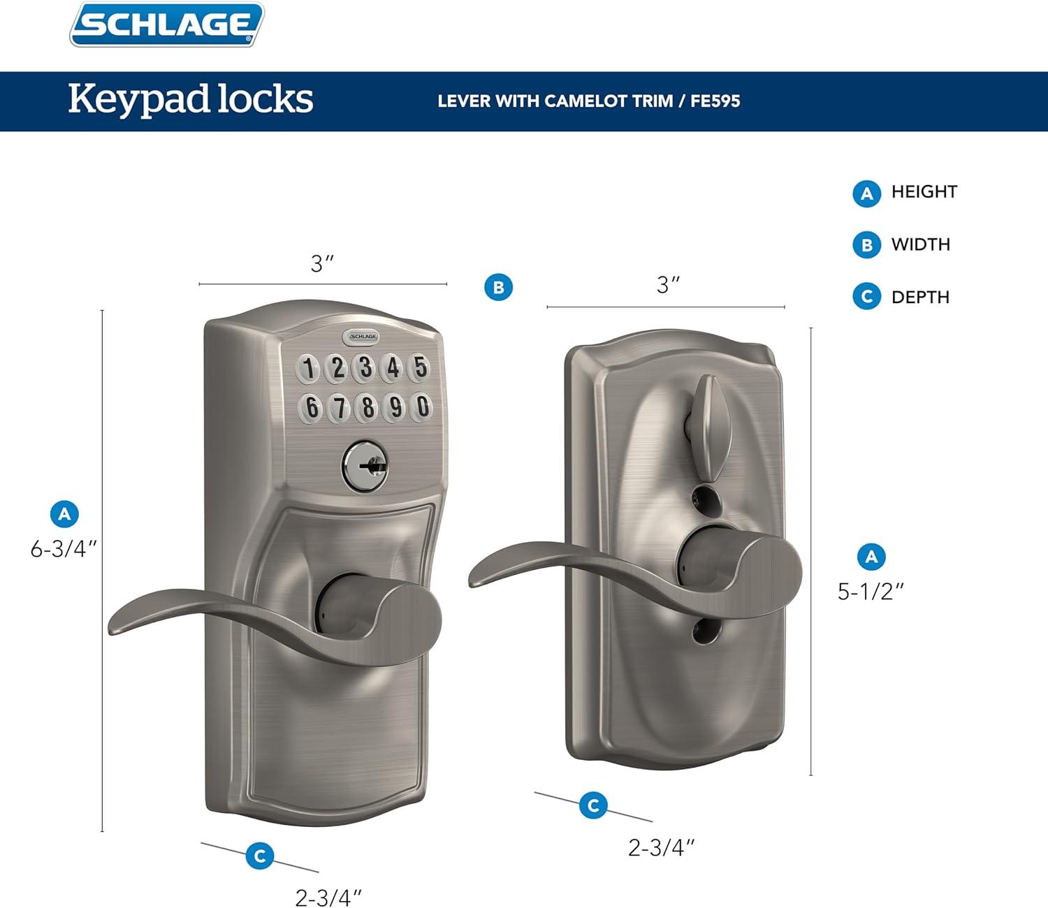 image:imageSCHLAGE FE595 CAM 619 ACC Camelot Keypad Entry with FlexLock and Accent Levers Satin NickelAntique Pewter