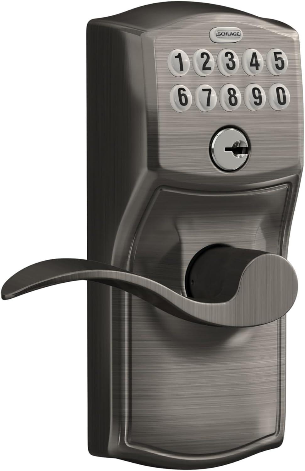 image:imageSCHLAGE FE595 CAM 619 ACC Camelot Keypad Entry with FlexLock and Accent Levers Satin NickelAntique Pewter