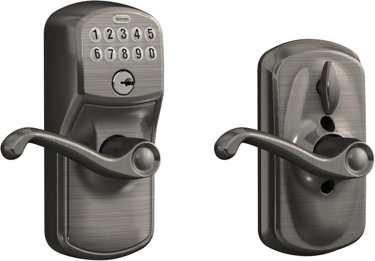image:imageSCHLAGE FE595 CAM 619 ACC Camelot Keypad Entry with FlexLock and Accent Levers Satin NickelAntique Pewter