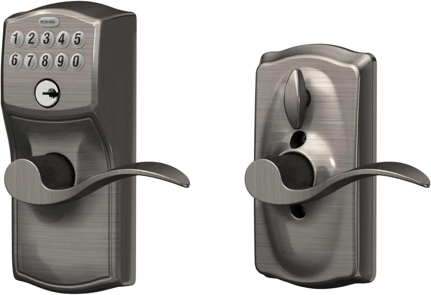 image:imageSCHLAGE FE595 CAM 619 ACC Camelot Keypad Entry with FlexLock and Accent Levers Satin NickelAntique Pewter