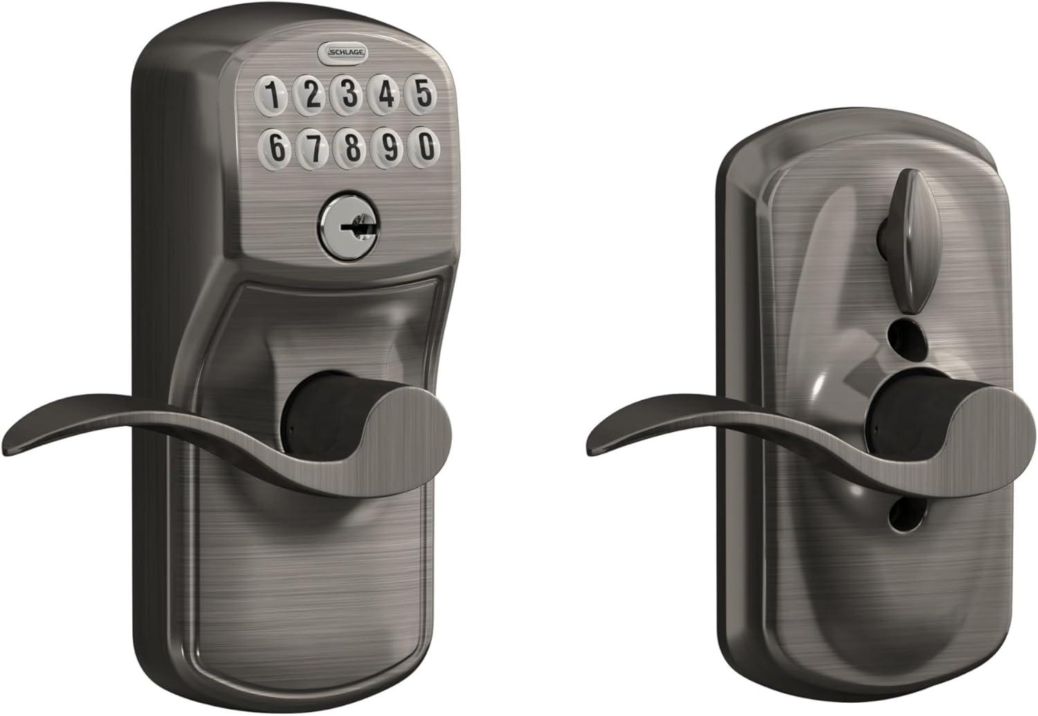 image:imageSCHLAGE FE595 CAM 619 ACC Camelot Keypad Entry with FlexLock and Accent Levers Satin NickelAntique Pewter