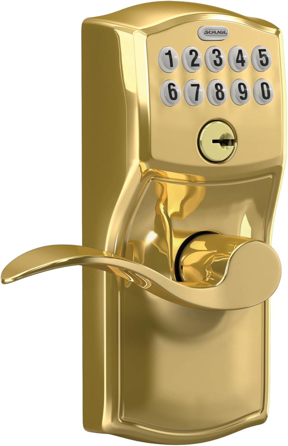 image:imageSCHLAGE FE595 CAM 619 ACC Camelot Keypad Entry with FlexLock and Accent Levers Satin NickelBright Brass
