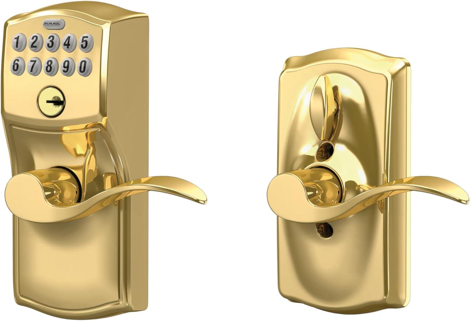 image:imageSCHLAGE FE595 CAM 619 ACC Camelot Keypad Entry with FlexLock and Accent Levers Satin NickelBright Brass