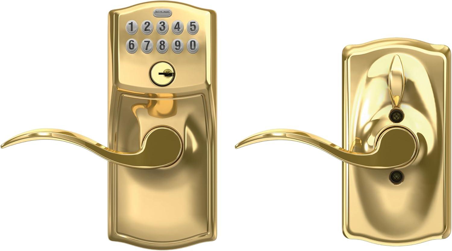 image:imageSCHLAGE FE595 CAM 619 ACC Camelot Keypad Entry with FlexLock and Accent Levers Satin NickelBright Brass
