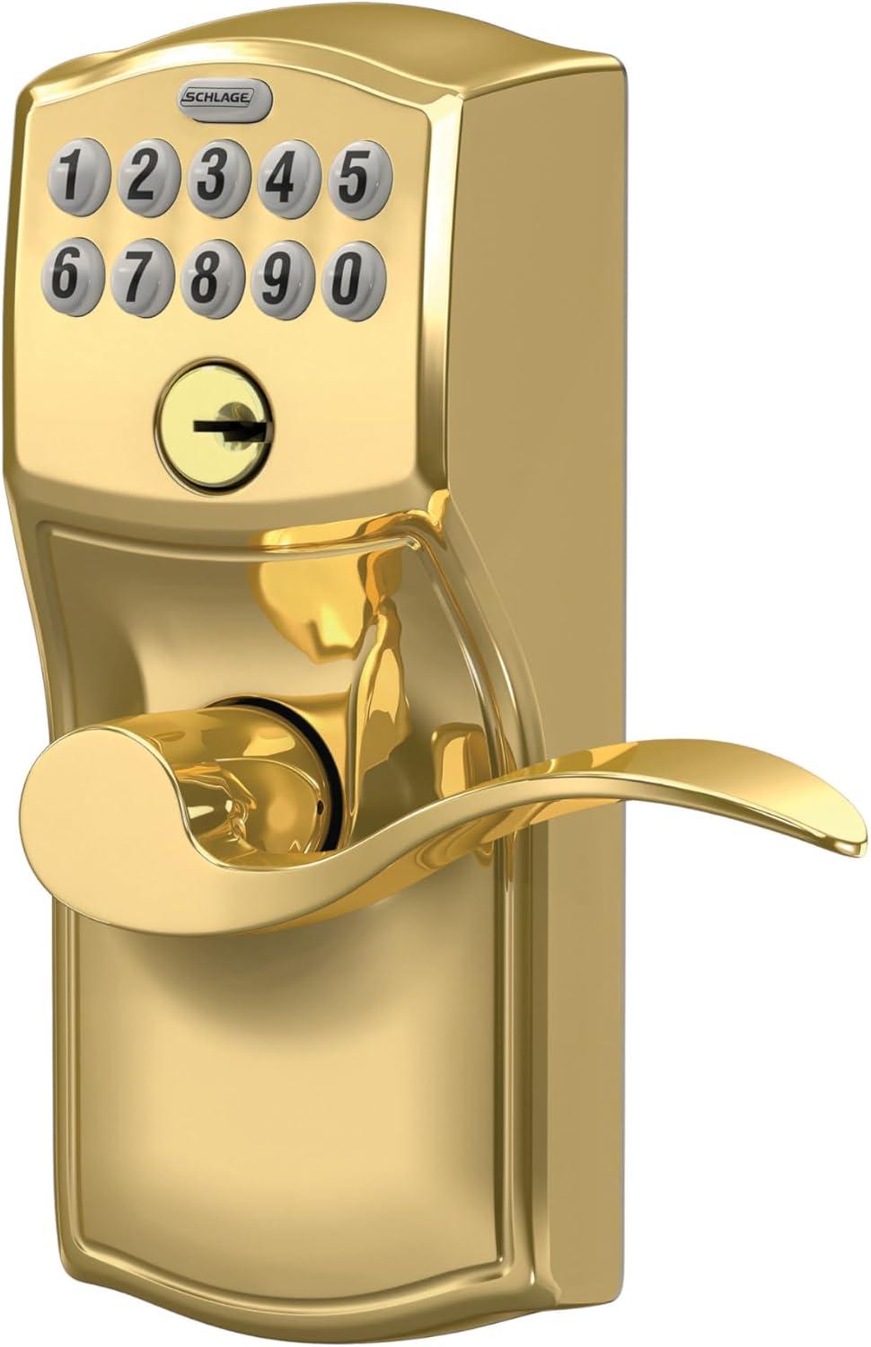 image:imageSCHLAGE FE595 CAM 619 ACC Camelot Keypad Entry with FlexLock and Accent Levers Satin NickelBright Brass