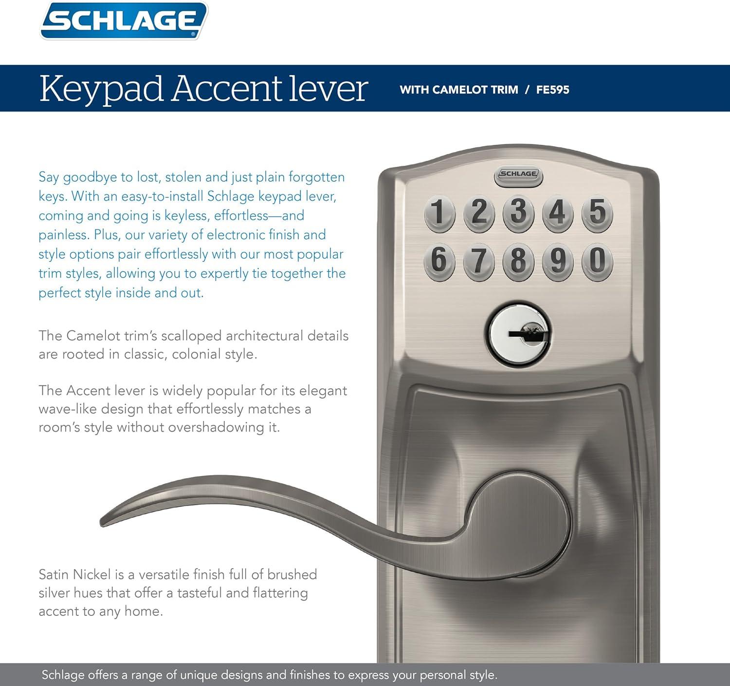 image:imageSCHLAGE FE595 CAM 619 ACC Camelot Keypad Entry with FlexLock and Accent Levers Satin NickelBright Brass