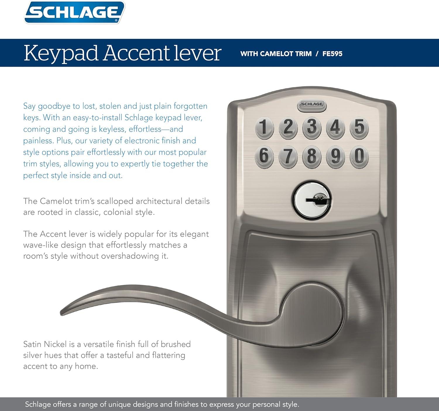 image:imageSCHLAGE FE595 CAM 619 ACC Camelot Keypad Entry with FlexLock and Accent Levers Satin NickelSatin Chrome