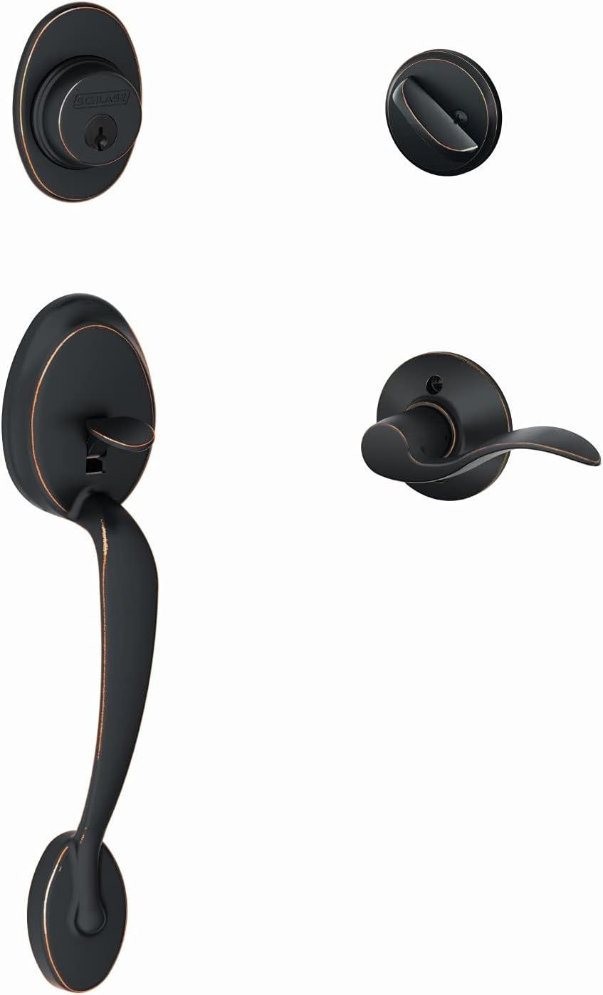 image:imageSCHLAGE Plymouth Single Cylinder Handleset and Left Hand Accent Lever Satin Nickel F60 PLY 619 Acc LHAged Bronze