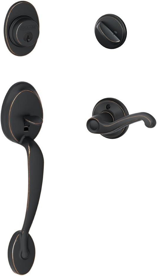 image:imageSCHLAGE Plymouth Single Cylinder Handleset and Left Hand Accent Lever Satin Nickel F60 PLY 619 Acc LHAged Bronze
