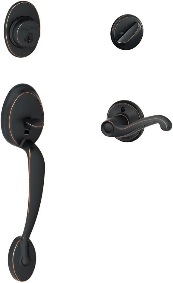 image:imageSCHLAGE Plymouth Single Cylinder Handleset and Left Hand Accent Lever Satin Nickel F60 PLY 619 Acc LHAged Bronze