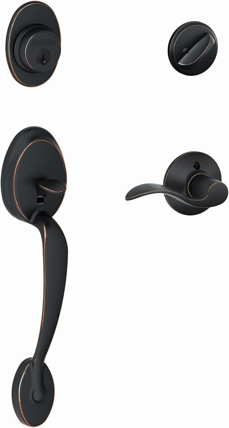 image:imageSCHLAGE Plymouth Single Cylinder Handleset and Left Hand Accent Lever Satin Nickel F60 PLY 619 Acc LHAged Bronze