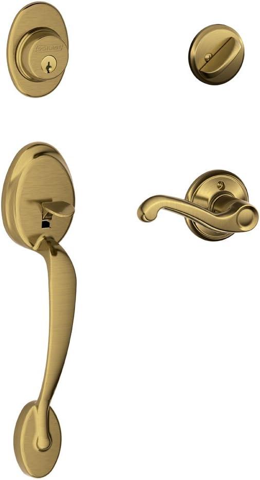 image:imageSCHLAGE Plymouth Single Cylinder Handleset and Left Hand Accent Lever Satin Nickel F60 PLY 619 Acc LHAntique Brass