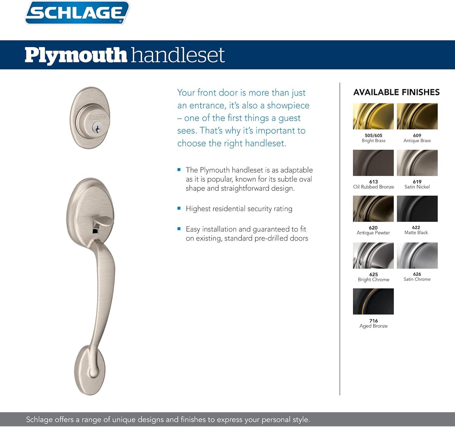 image:imageSCHLAGE Plymouth Single Cylinder Handleset and Left Hand Accent Lever Satin Nickel F60 PLY 619 Acc LHBright Brass
