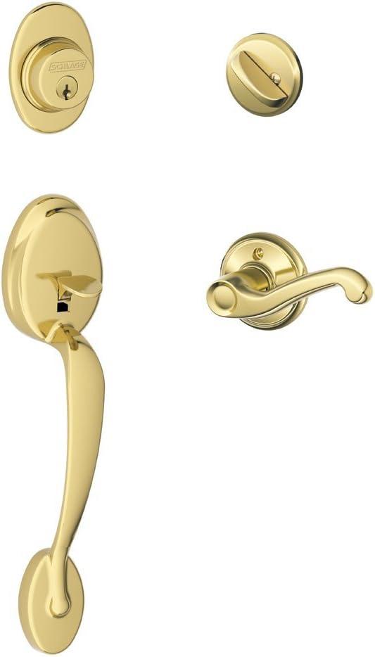 image:imageSCHLAGE Plymouth Single Cylinder Handleset and Left Hand Accent Lever Satin Nickel F60 PLY 619 Acc LHBright Brass