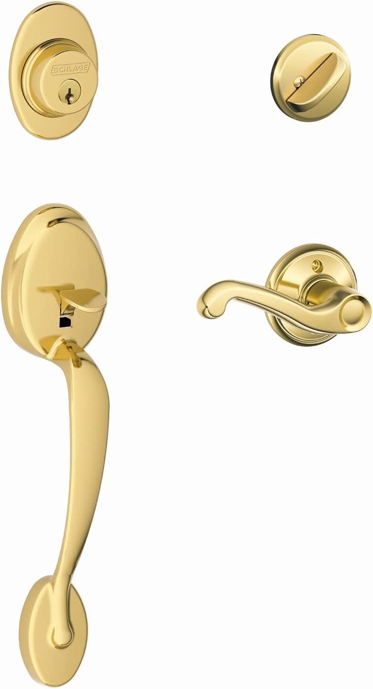 image:imageSCHLAGE Plymouth Single Cylinder Handleset and Left Hand Accent Lever Satin Nickel F60 PLY 619 Acc LHBright Brass