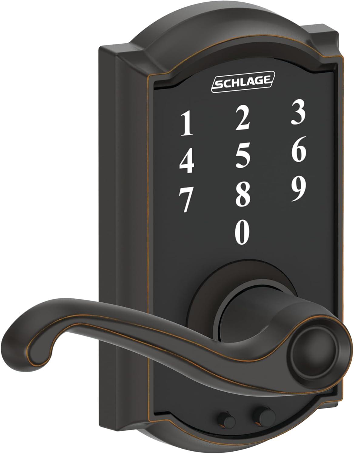 image:imageSCHLAGE Touch Camelot Lock with Flair Lever Aged Bronze FE695 CAM 716 FLA