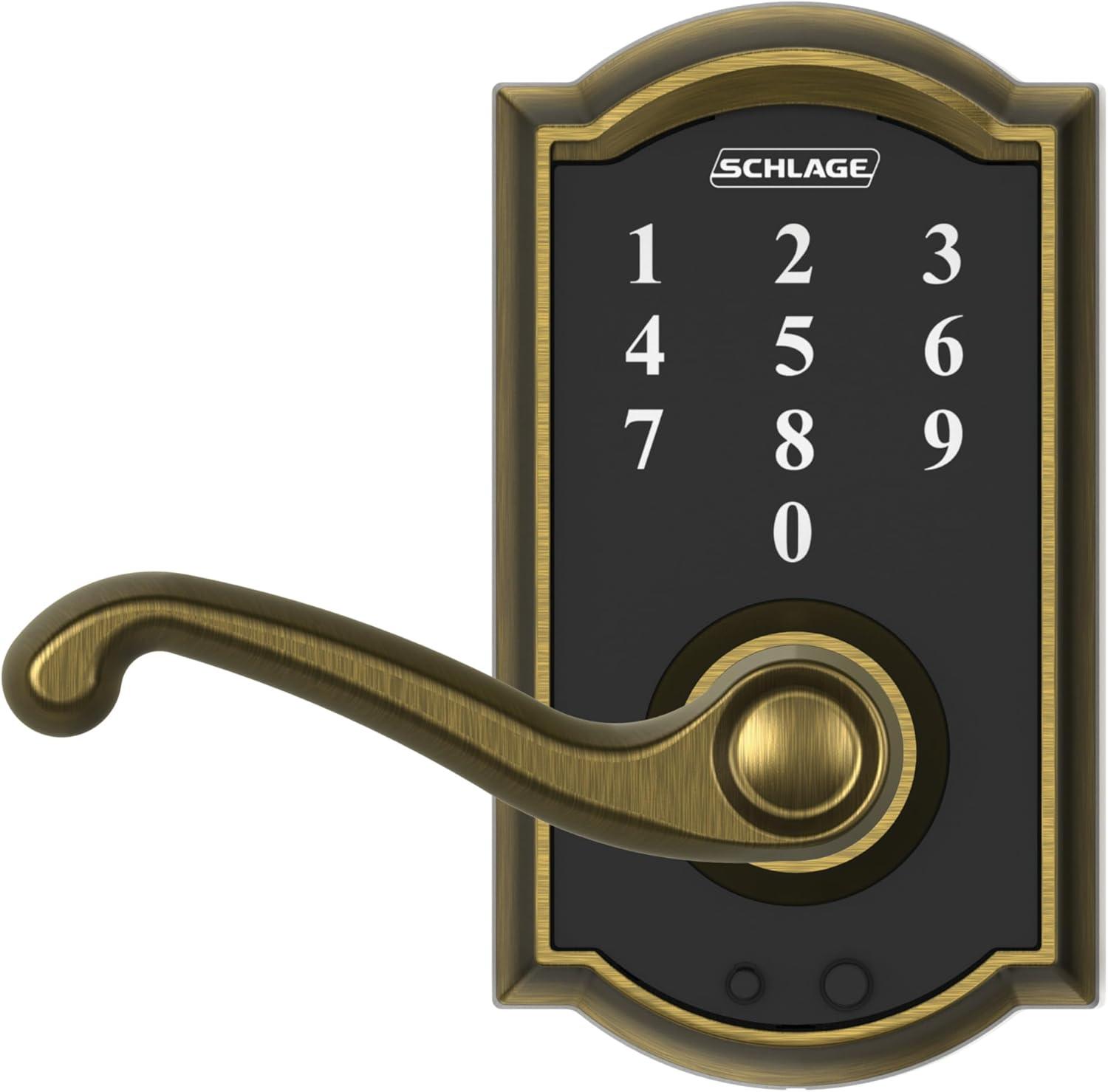 image:imageSCHLAGE Touch Camelot Lock with Flair Lever Antique Brass FE695 CAM 609 FLA