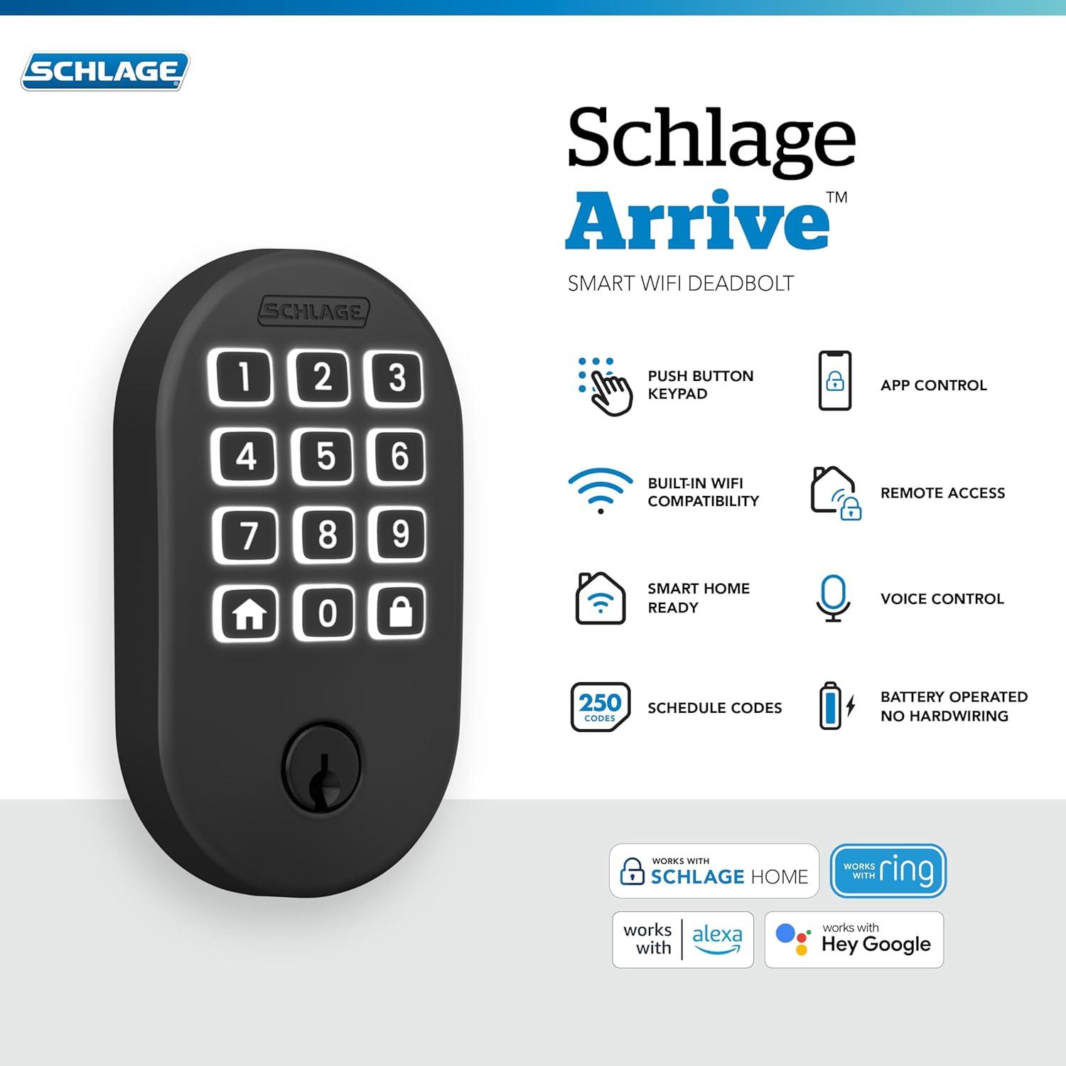 image:imageSchlage Arrive WiFi Deadbolt Smart Lock Keyless Entry Door Lock with Century Trim Matte Black Compatible with Alexa and Google BE459WB CEN 622Matte Black