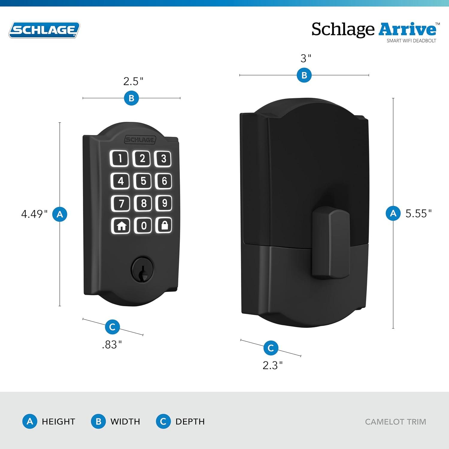 image:imageSchlage Arrive WiFi Deadbolt Smart Lock Keyless Entry Door Lock with Century Trim Matte Black Compatible with Alexa and Google BE459WB CEN 622Matte Black