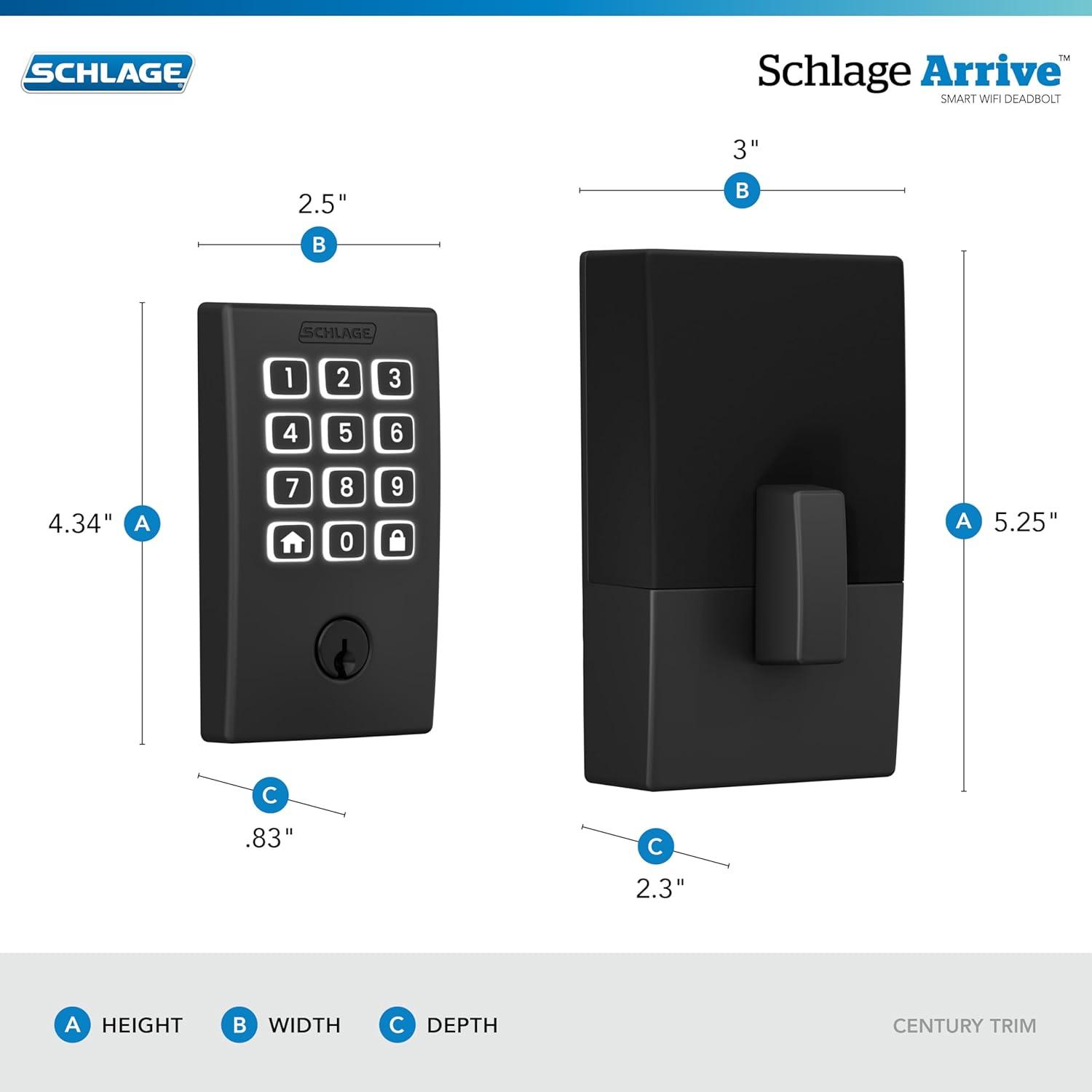 image:imageSchlage Arrive WiFi Deadbolt Smart Lock Keyless Entry Door Lock with Century Trim Matte Black Compatible with Alexa and Google BE459WB CEN 622Matte Black