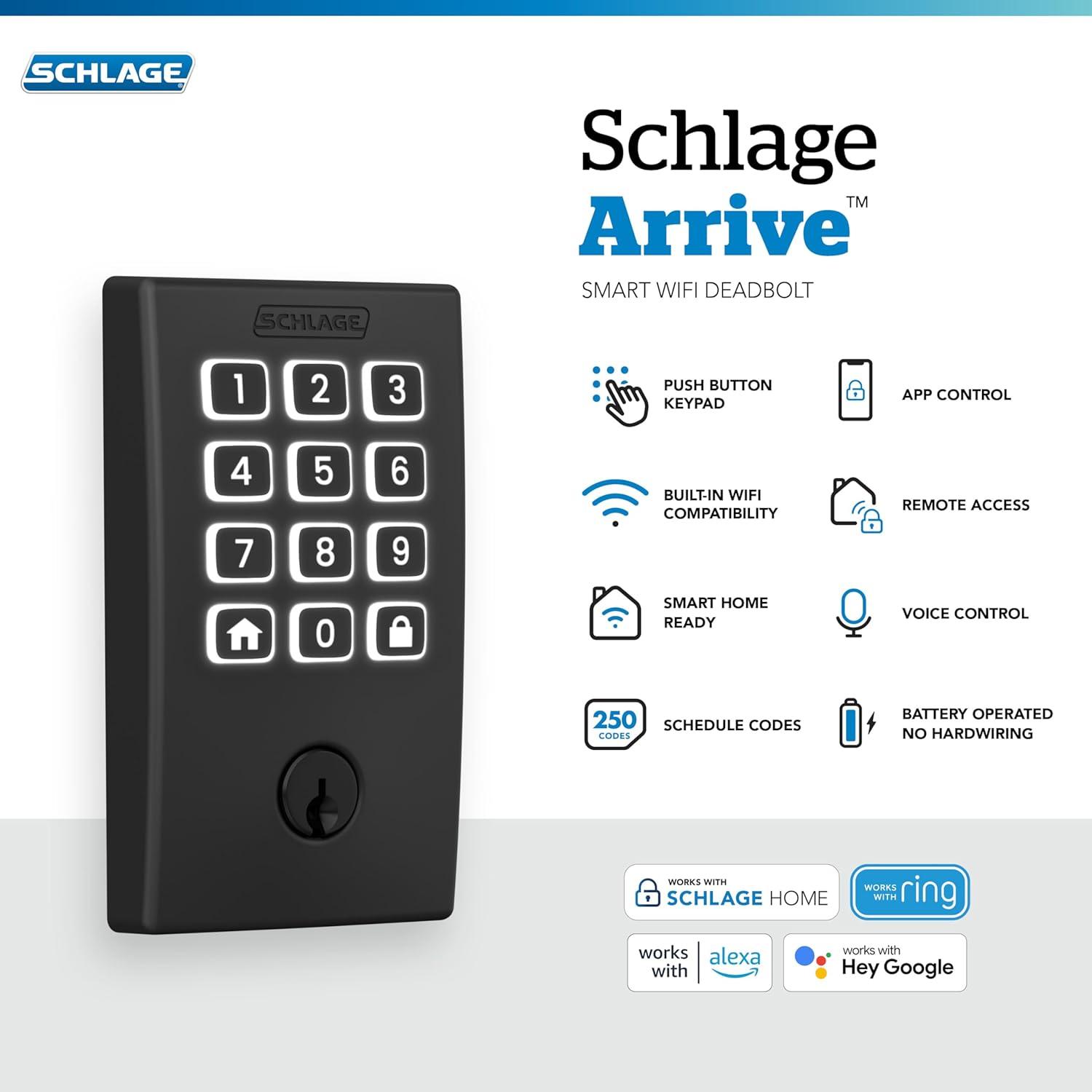 image:imageSchlage Arrive WiFi Deadbolt Smart Lock Keyless Entry Door Lock with Century Trim Matte Black Compatible with Alexa and Google BE459WB CEN 622Matte Black
