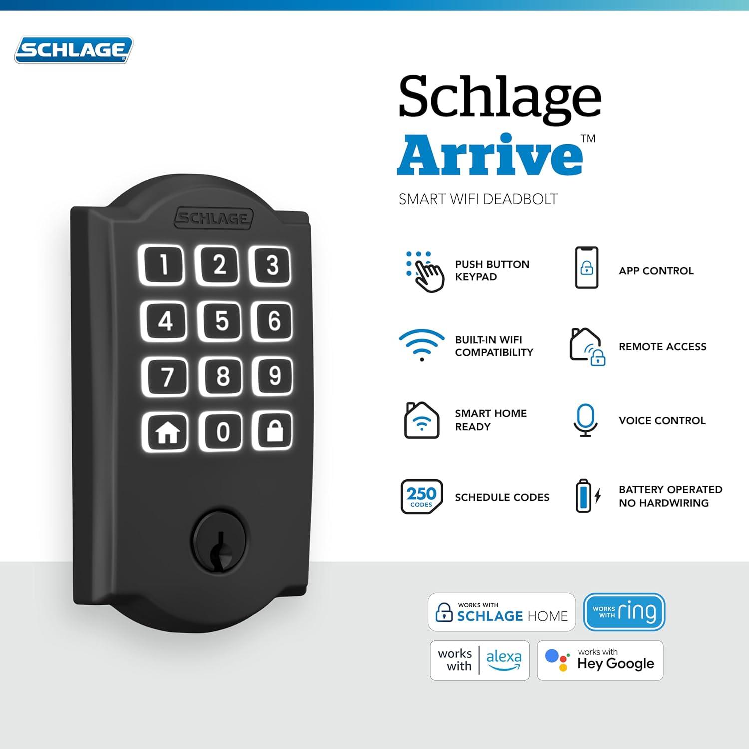 image:imageSchlage Arrive WiFi Deadbolt Smart Lock Keyless Entry Door Lock with Century Trim Matte Black Compatible with Alexa and Google BE459WB CEN 622Matte Black