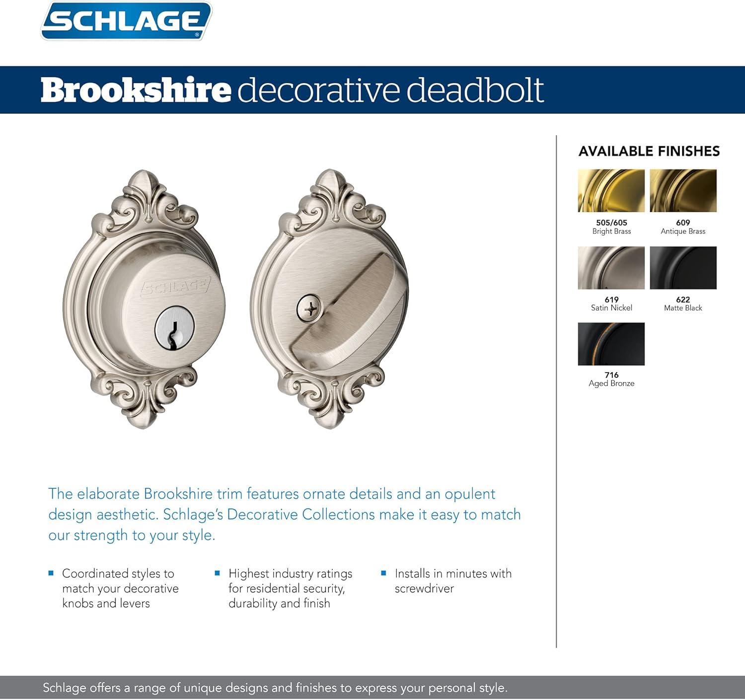 image:imageSchlage B60 N BRK 716 Deadbolt with Brookshire Trim Keyed 1 Side Highest Residential Security Aged Bronze