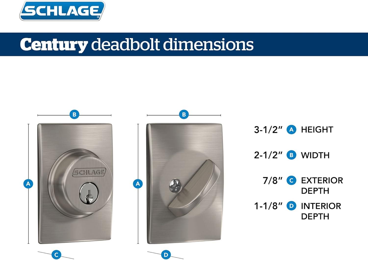 image:imageSchlage B60 N CEN 622 Deadbolt with Century Trim Keyed 1 Side Highest Residential Security Matte BlackSatin Nickel