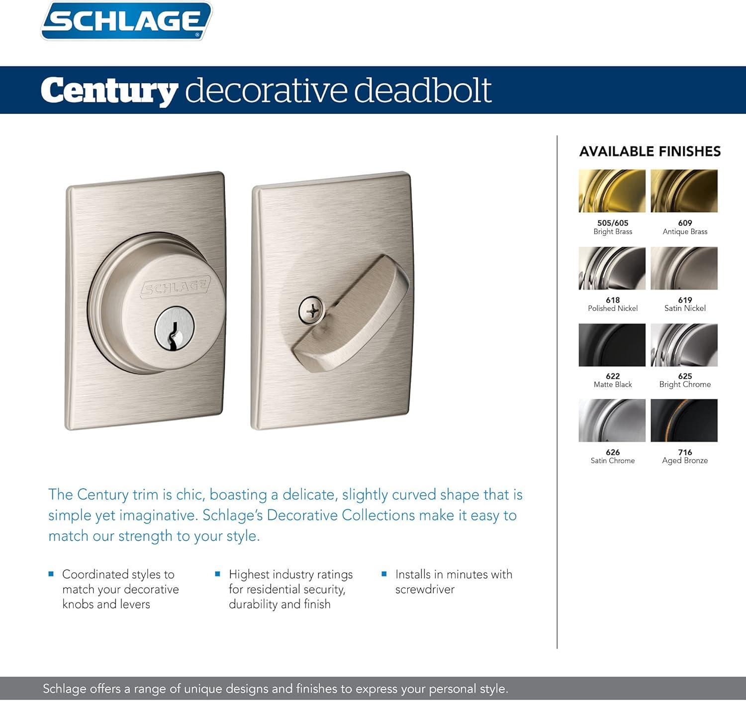 image:imageSchlage B60 N CEN 622 Deadbolt with Century Trim Keyed 1 Side Highest Residential Security Matte BlackSatin Nickel