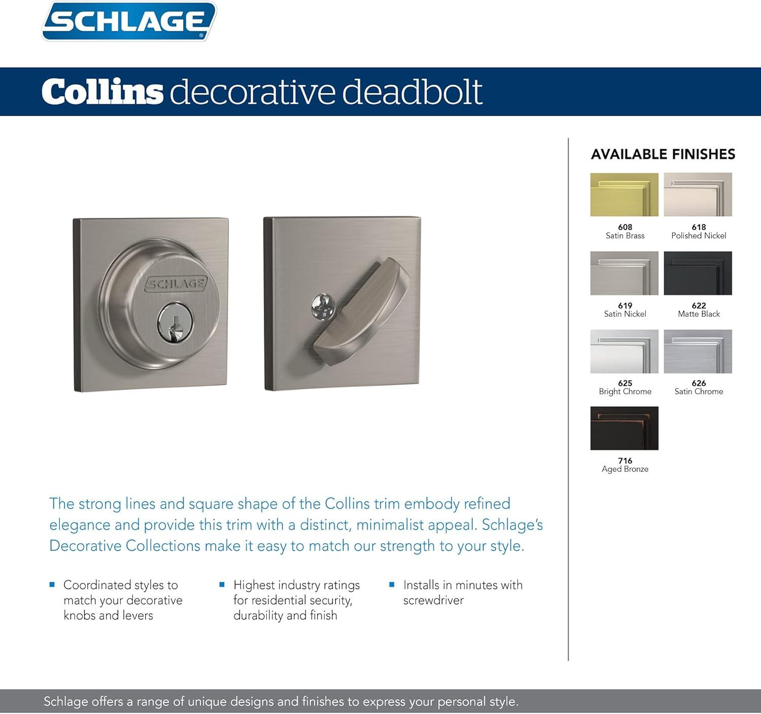 image:imageSchlage B60 N COL 622 Deadbolt with Collins Trim Keyed 1 Side Highest Residential Security Matte Black B60NCOL622