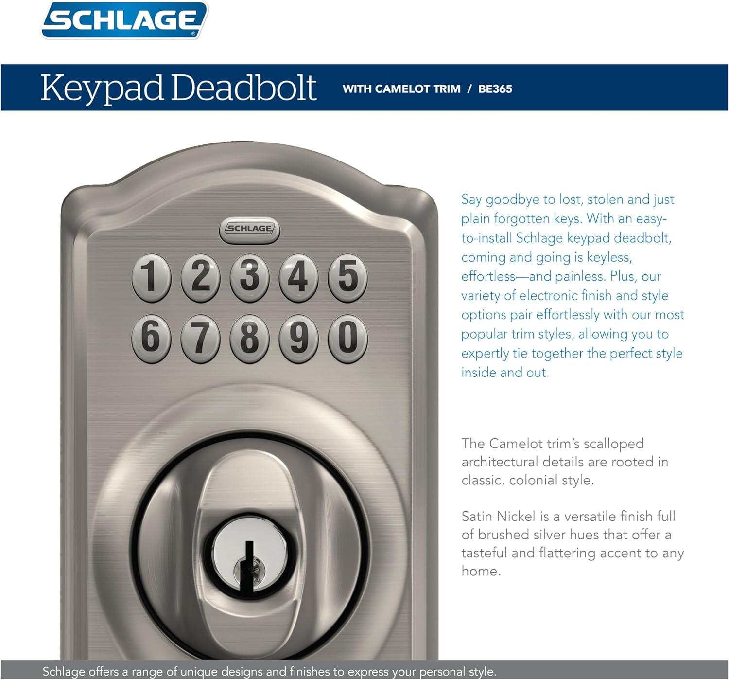 image:imageSchlage BE365 V CAM 619 Camelot Keypad Deadbolt Electronic Keyless Entry Lock Satin NickelBright Brass