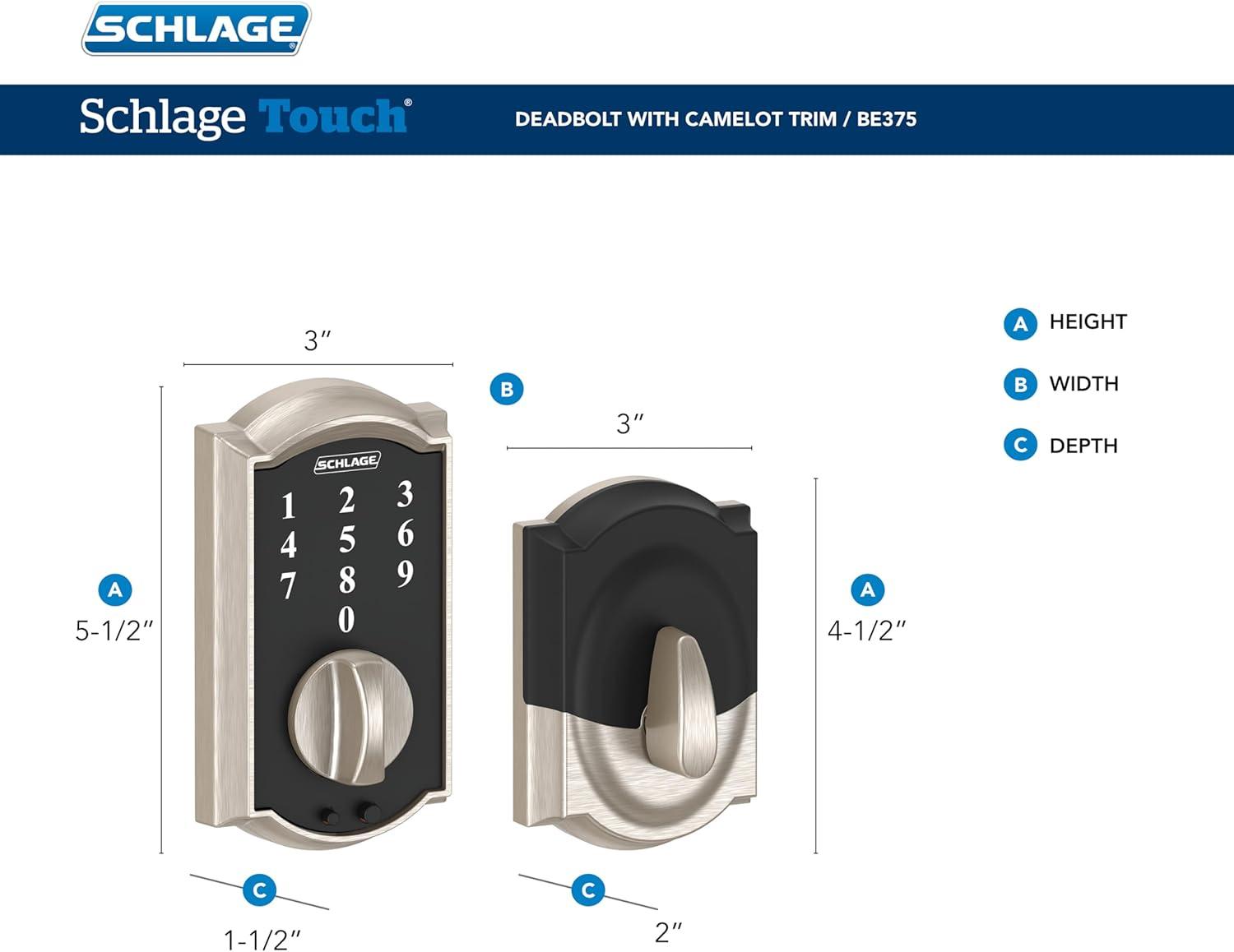 image:imageSchlage BE375 CAM 619 Touch Camelot Deadbolt Electronic Keyless Entry Lock Satin NickelSatin Nickel