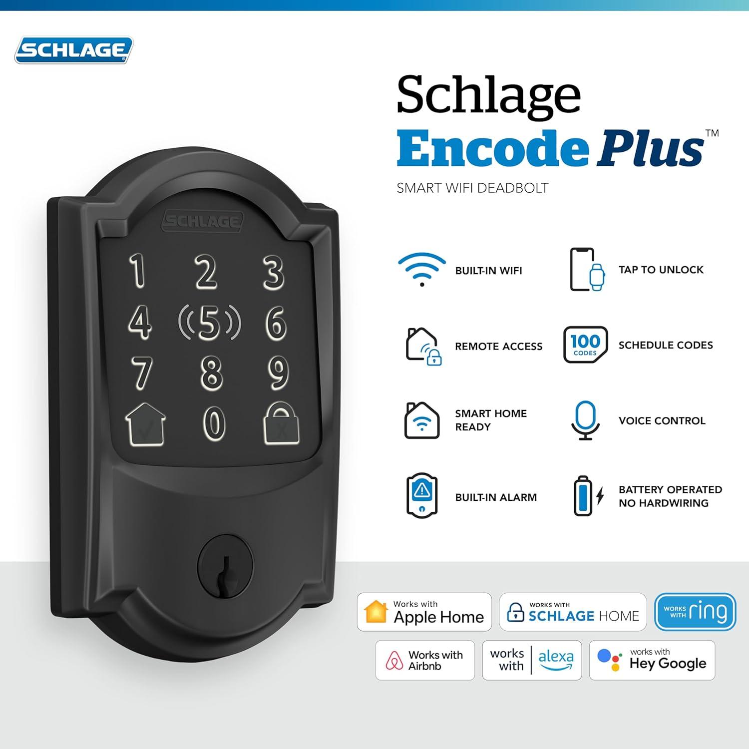 image:imageSchlage Encode Plus Smart WiFi Lock for Front Door Keyless Entry Deadbolt Unlock with Apple Watch Builtin WiFi and App Control Easy Install Alexa amp Apple HomeKit Compatible Aged BronzeMatte Black