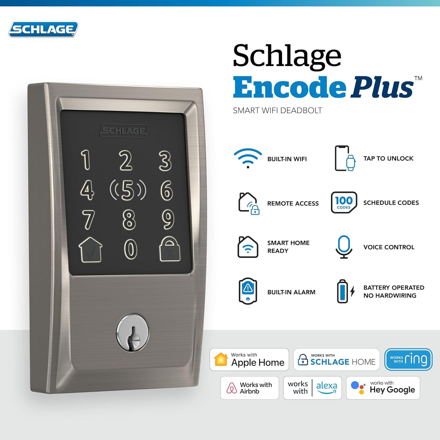 image:imageSchlage Encode Plus Smart WiFi Lock for Front Door Keyless Entry Deadbolt Unlock with Apple Watch Builtin WiFi and App Control Easy Install Alexa amp Apple HomeKit Compatible Aged BronzeSatin Nickel