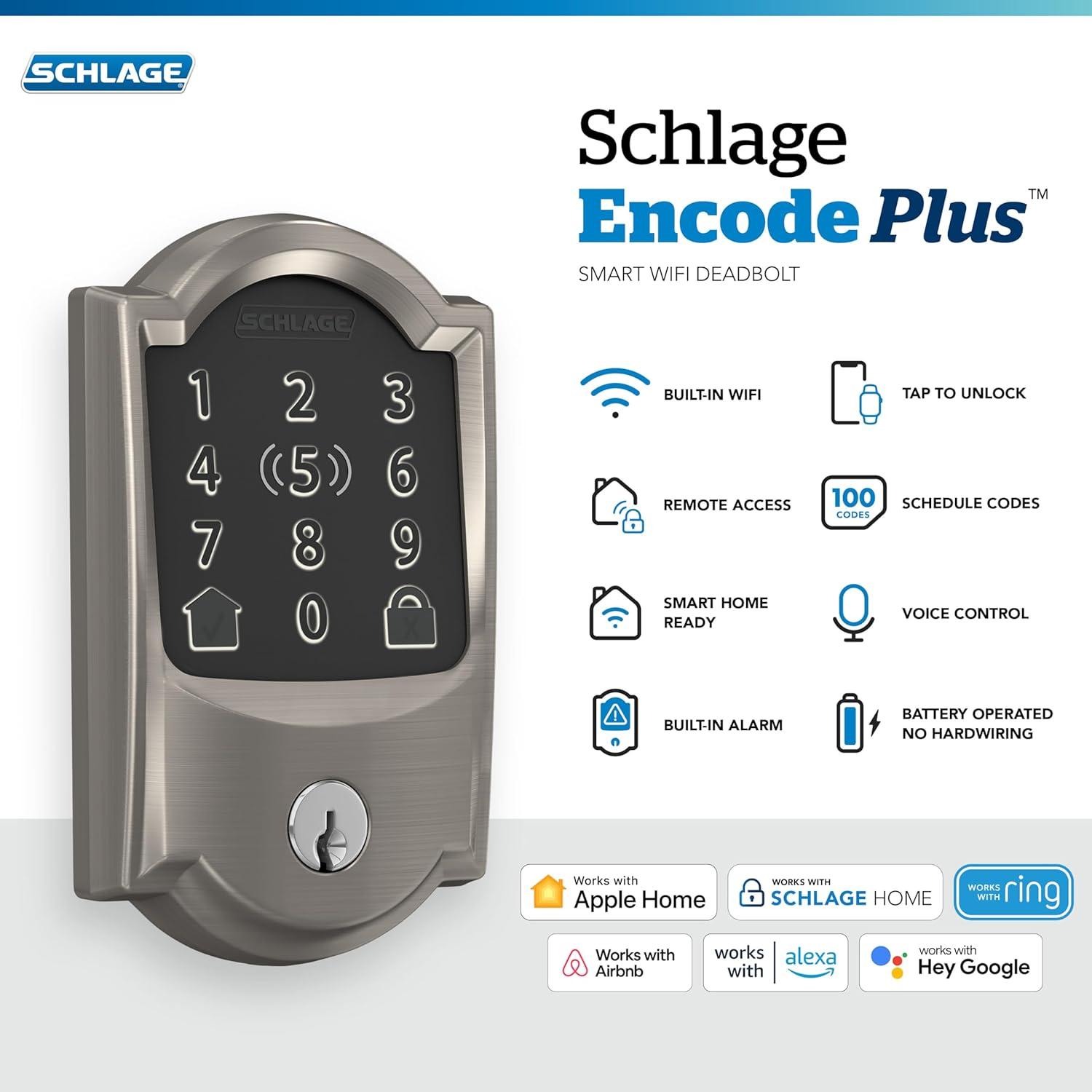 image:imageSchlage Encode Plus Smart WiFi Lock for Front Door Keyless Entry Deadbolt Unlock with Apple Watch Builtin WiFi and App Control Easy Install Alexa amp Apple HomeKit Compatible Aged BronzeSatin Nickel